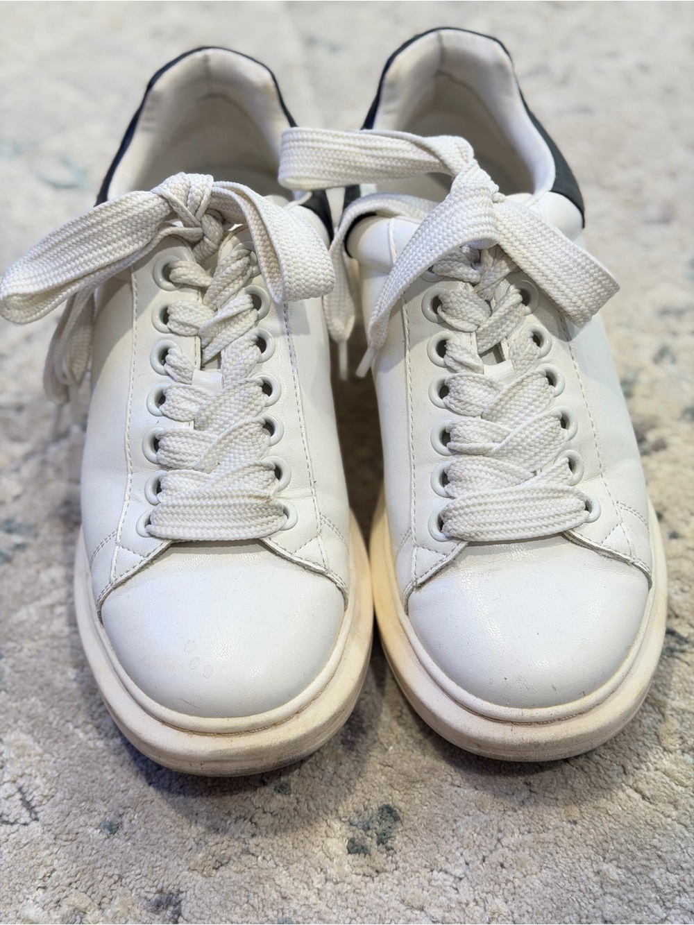 Steve Madden White Leather Lace-Up Sneakers with Black Heel Accent